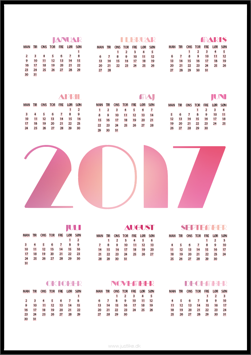 Gratis print selv kalender 2017 i unikt gratis design - klik her se udvalget af kalendere | Justlike.dk